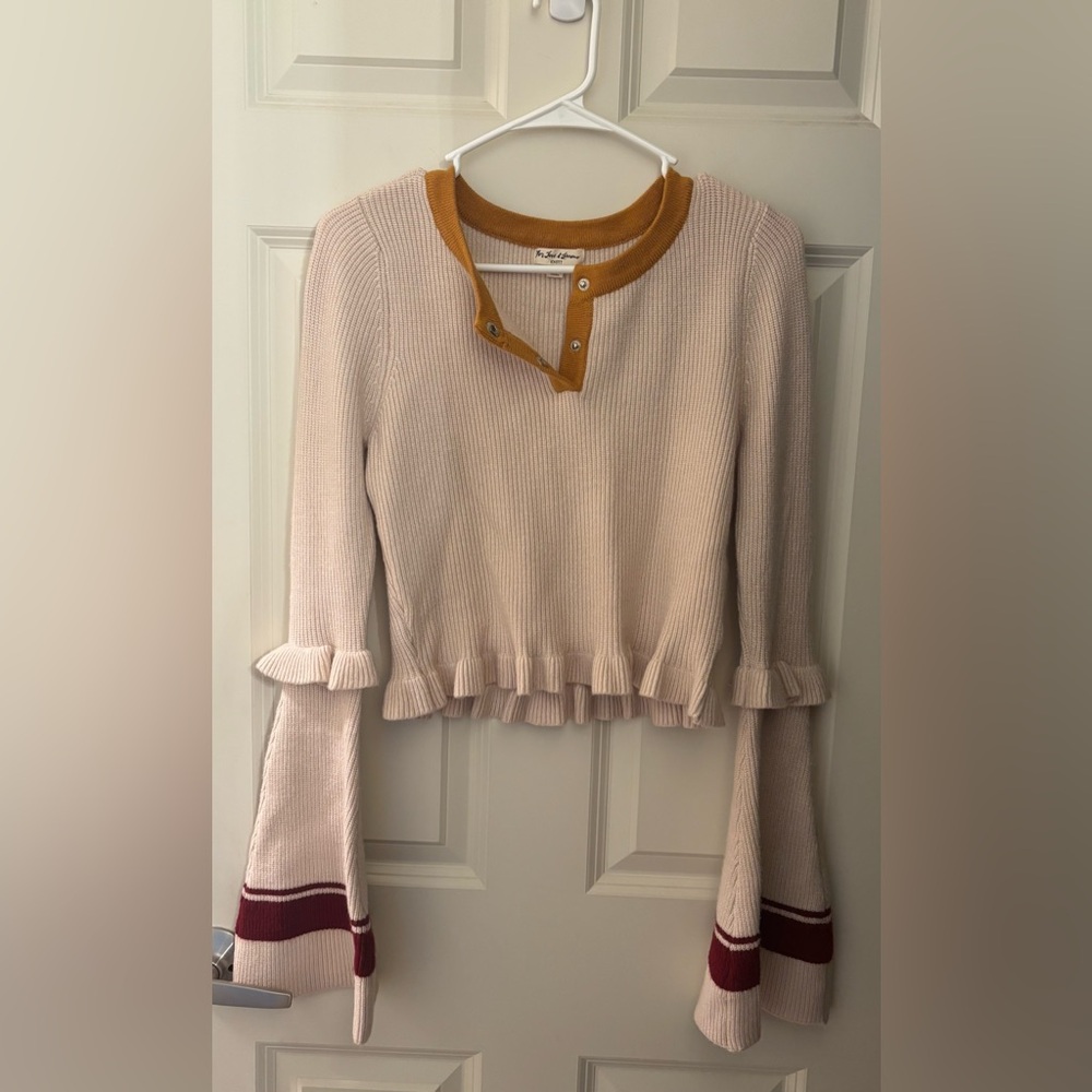 For Love & Lemons Knitz Cropped Ruffle Bell Sleeve Sweater in Beige, Size M